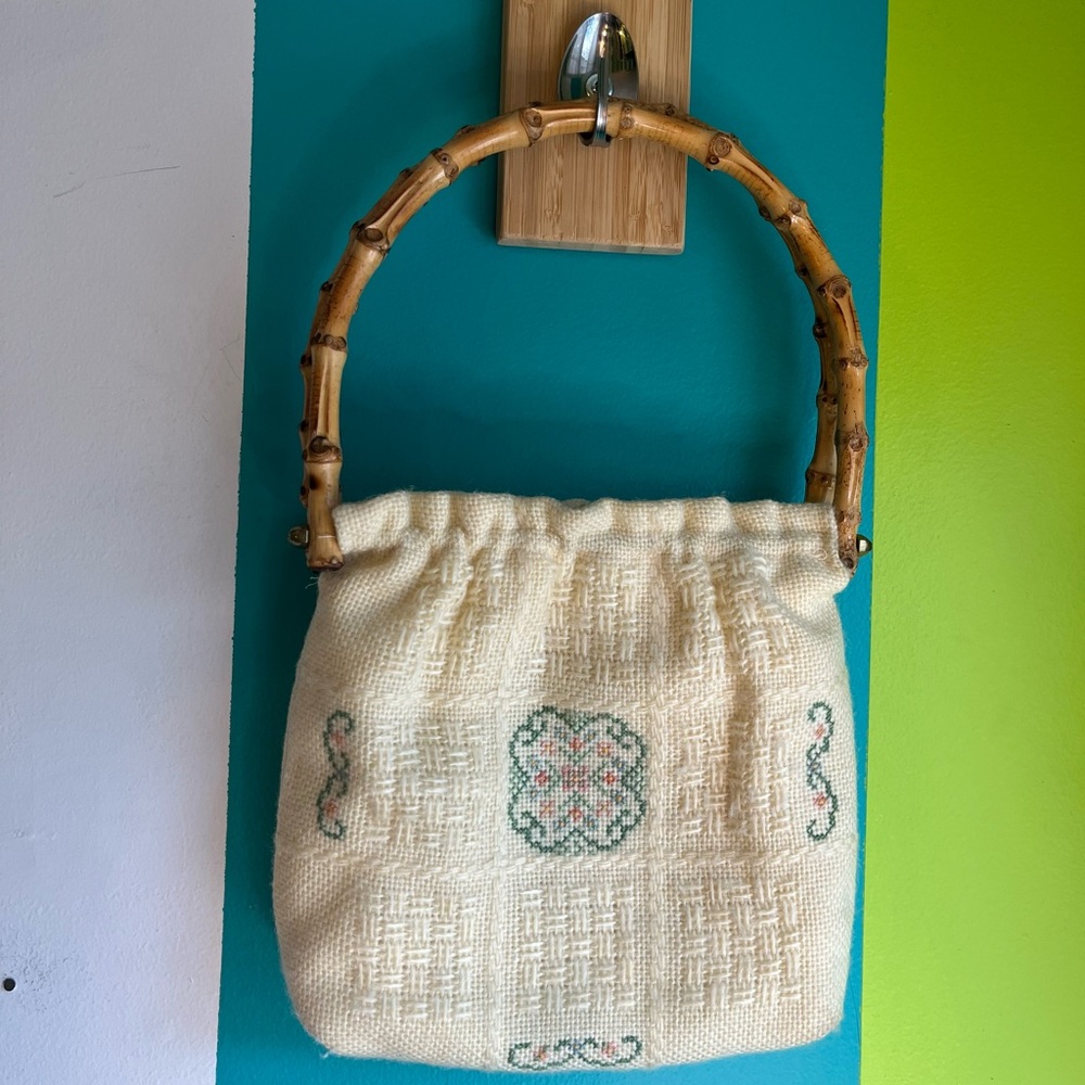 Vintage Cross stitch handbag with Bamboo Handle